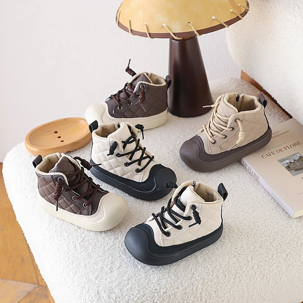 

Детские зимние ботинки унисекс, модные удобные модные плюшевые ботинки в клетку для мальчиков, нескользящие зимние ботинки для девочек, модные низкие ботинки