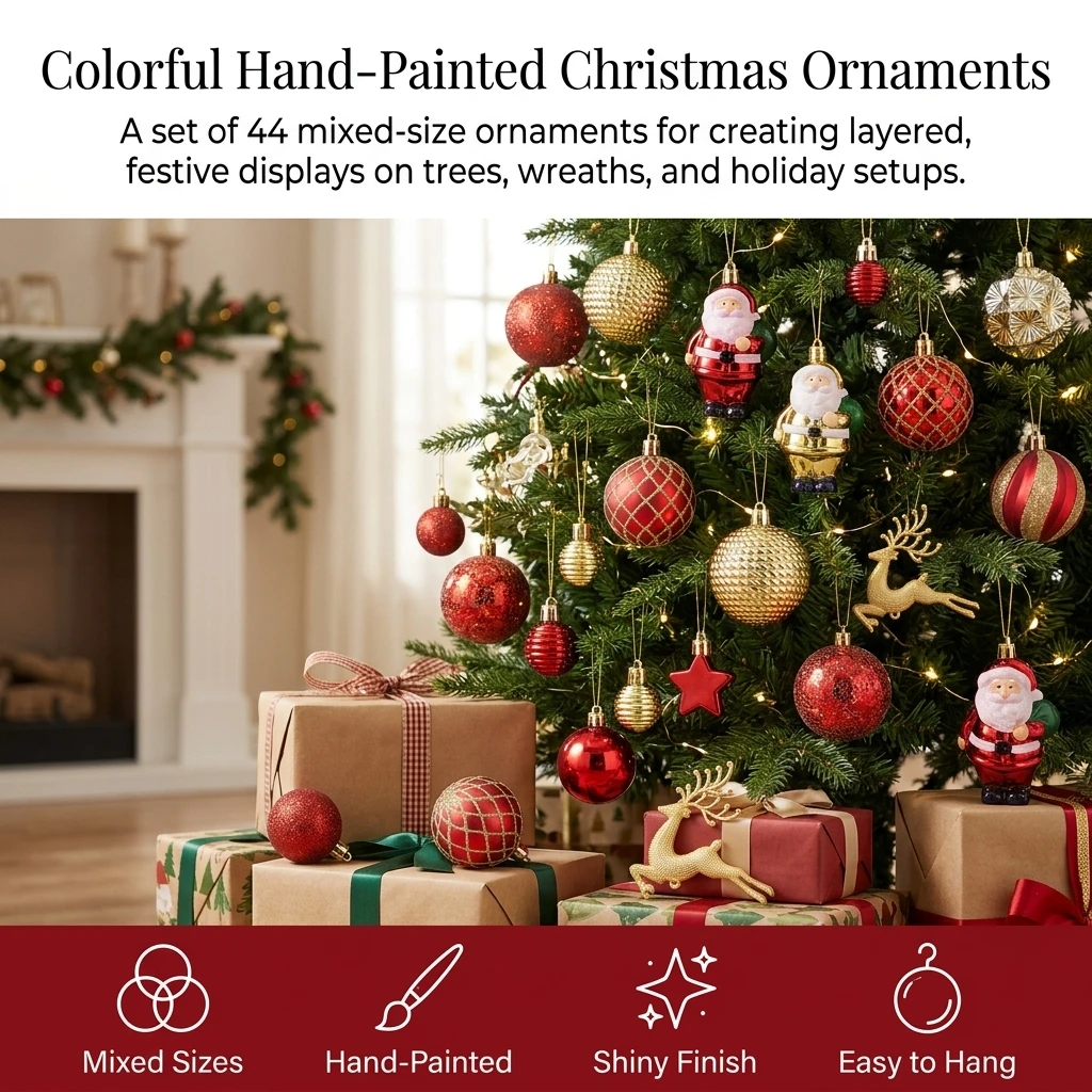 Plastic Christmas Balls for Home Party Decoration Family Festive Ornaments 44Pcs Electroplated Mixed Shape Tree Decor Kit