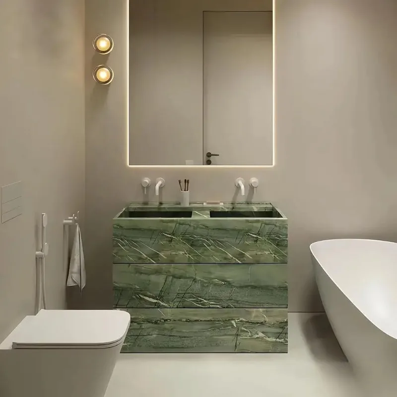 

"Vintage Green Jade Marble Vanity - Retro Slate Floor Standing Bathroom Sink Cabinet Customizable Luxury Washbasin"
