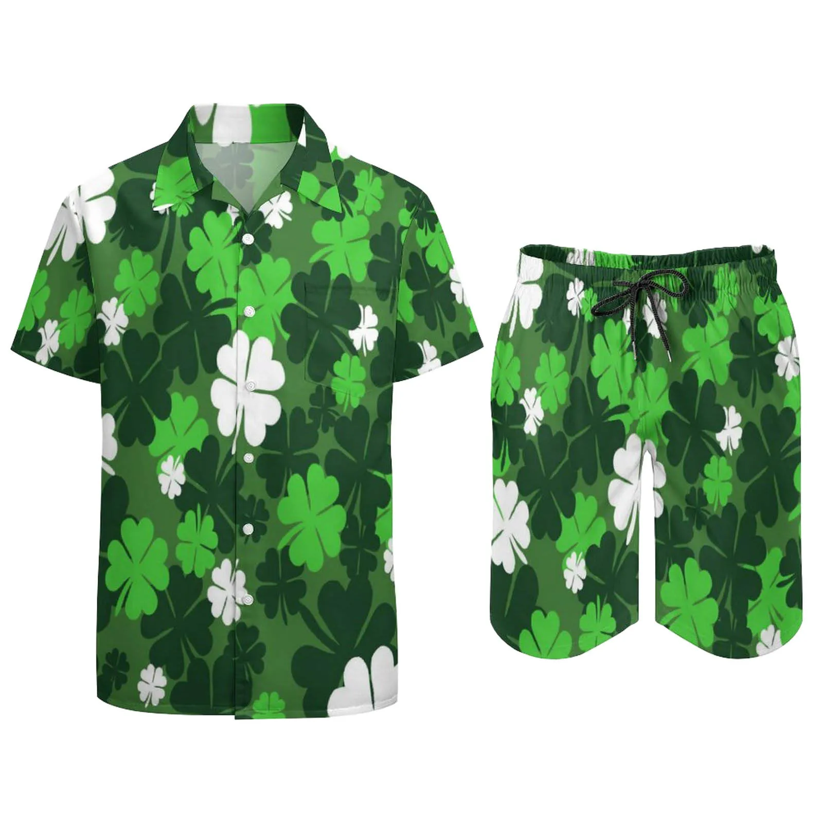 Chándal para hombre del Día de San Patricio, moda de verano, estampado de hojas de trébol verde, camisa de manga corta y pantalones cortos, conjunto de dos piezas para hombre