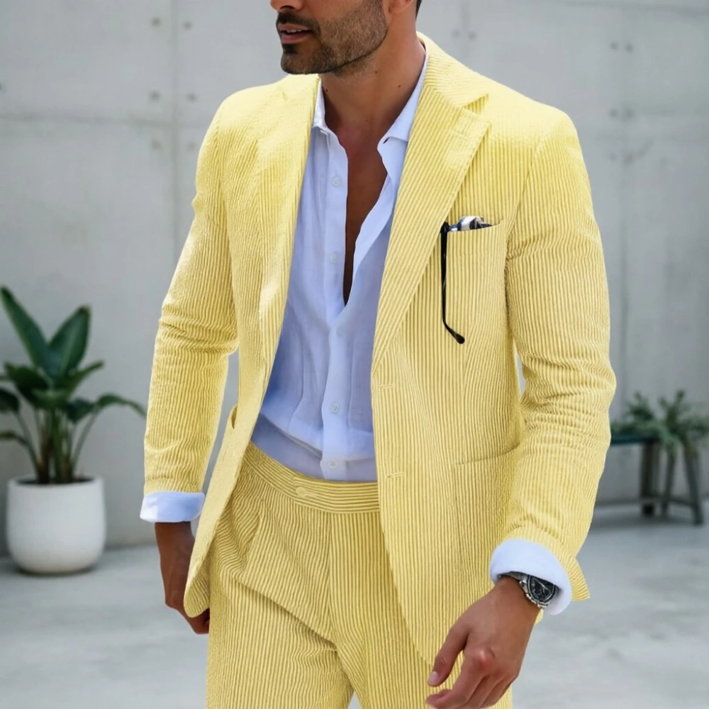 

Комплект из 2 предметов: мужской костюм из сирсакера, стильный желтый полосатый летний повседневный костюм, однобортный пиджак и брюки для выходных, прогулок и вечеринок