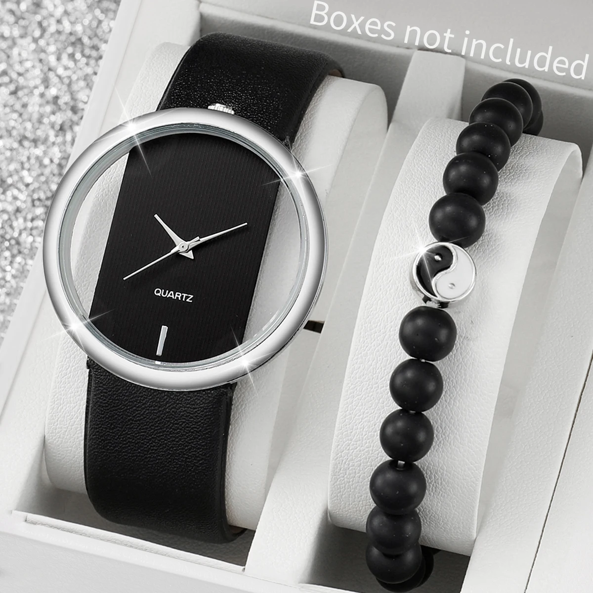 2PCS/Set Fashion Hollow-out Dial Women's Watch Simple Leather Band Quartz Watches Beads Bracelet Set（Without Box）