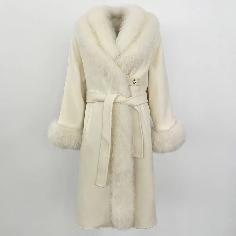 

Women Real Fur Wool Jacket Long Cashmere Coat Warm Natural Fox Fur Coat Female Fur Collar Woolen Coat 2025 New Autumn Winter
