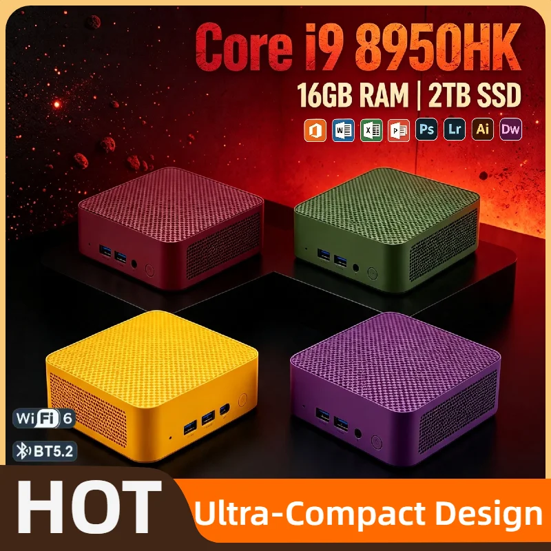 Intel i9-8950HK Small Form PC 16GB DDR4 2TB SSD Triple 4K HDMI WiFi6 BT5.2 Silent Cooling Home Office Desktop