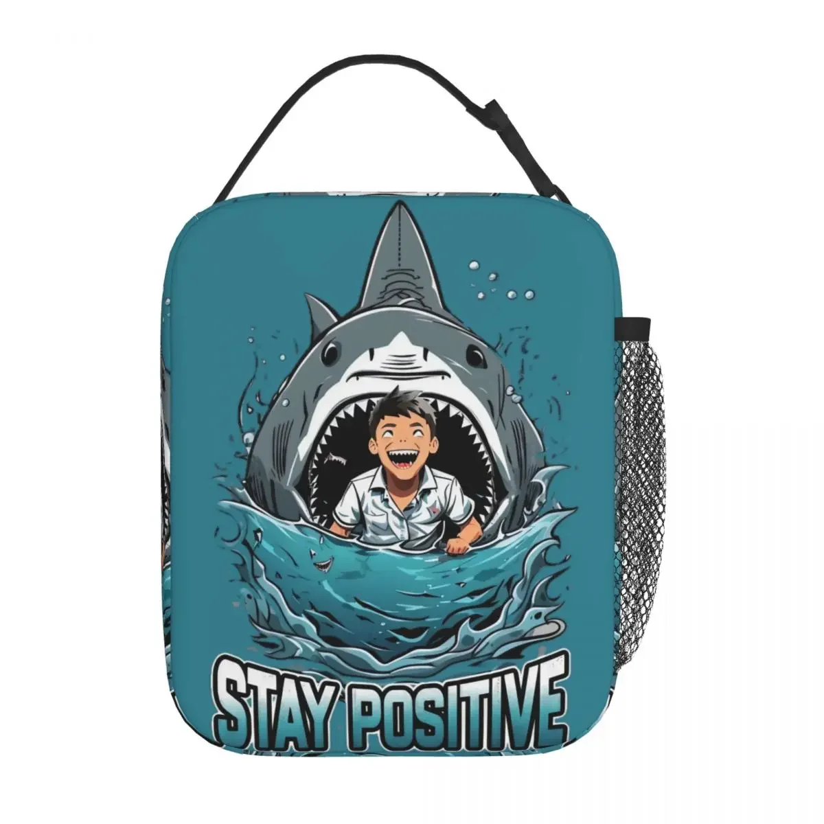 Stay Positive Shark And Boy Insulated Lunch Bags Cute Funny Food Container Portable Thermal Cooler Lunch Boxes For Work