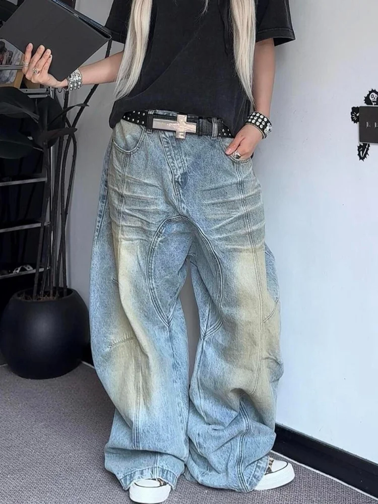 

2026 Spring Women American Vibe Washed Distressed Deconstructed Split Curved Blade Jeans Streetwear Loose Slim Fit Wide Leg