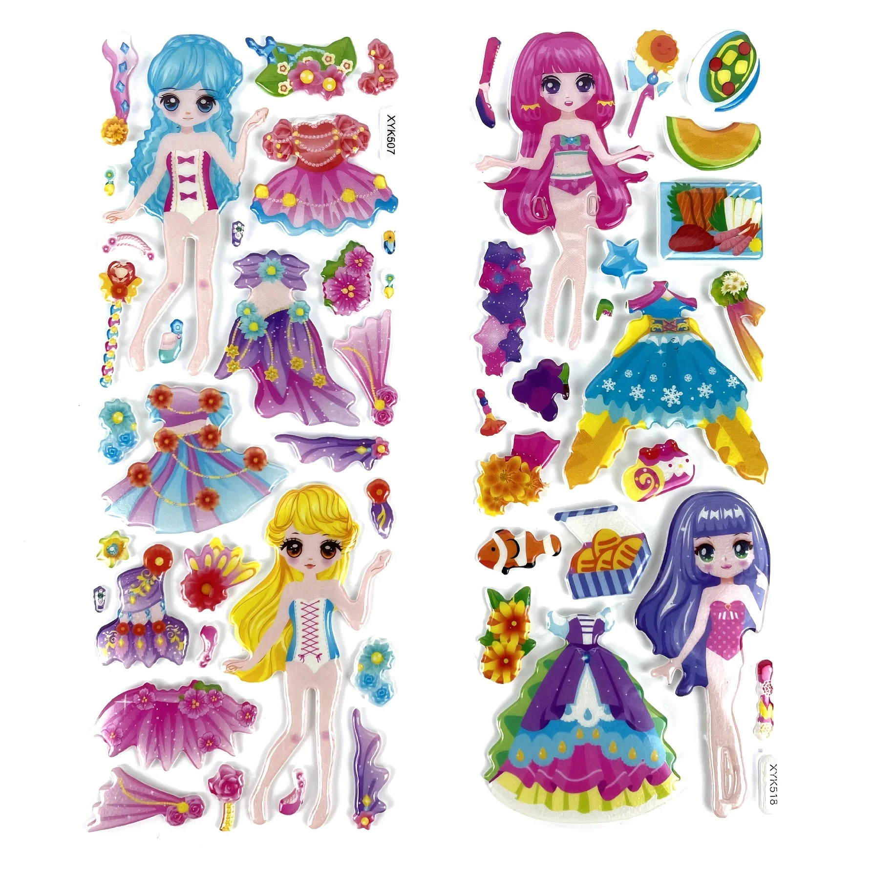 5 قطعة فتاة فستان ملصقات ثلاثية الأبعاد حوريات البحر الأميرة لطيف قابلة لإعادة الاستخدام منتفخ ملصقات DIY بها بنفسك الحرفية هدية عيد ميلاد ديكور الحفلات ZSY