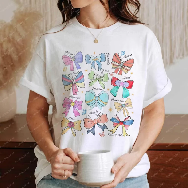 20250 الانحناء الأميرة قطنية عالية الجودة المحملة ديزني الفتيات مطابقة قميص أورورا ارييل حسناء سندريلا الياسمين تي شيرت الرجال النساء فضفاض #2