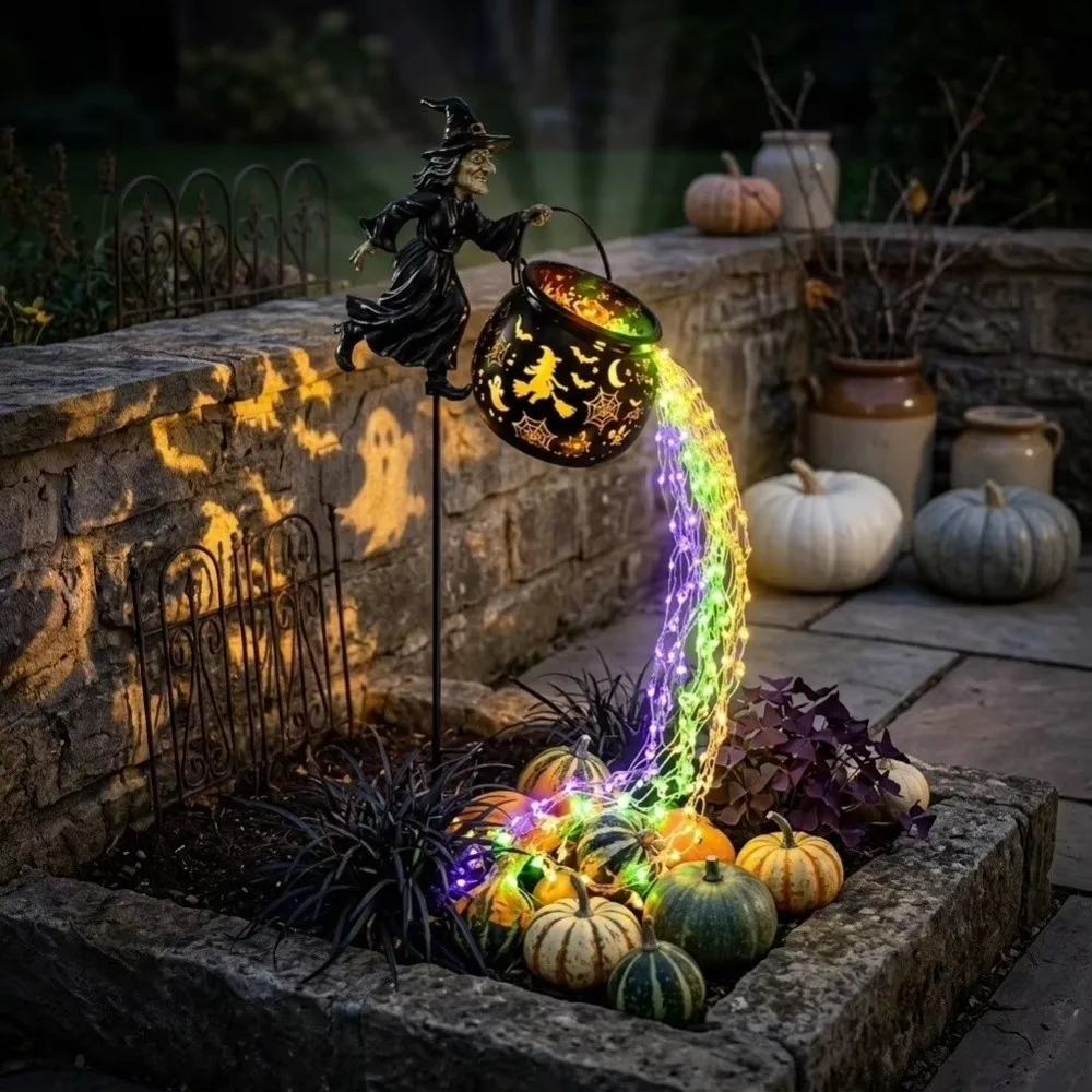 LED Halloween Witch Cauldron Garden Light Carved Cutouts Lawn Walkway Lighting Witch Cauldron Light Shadow Projection