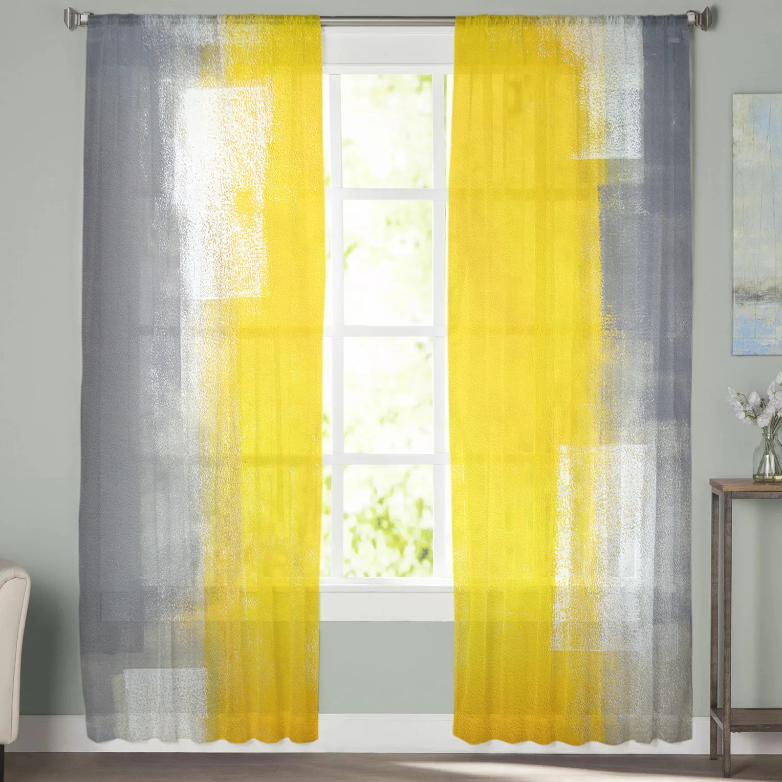 Yellow Gray Abstract Art Texture Tulle in Sheer Curtains for Living Room Bedroom Kitchen Window Treatment Chiffon Curtain Blinds