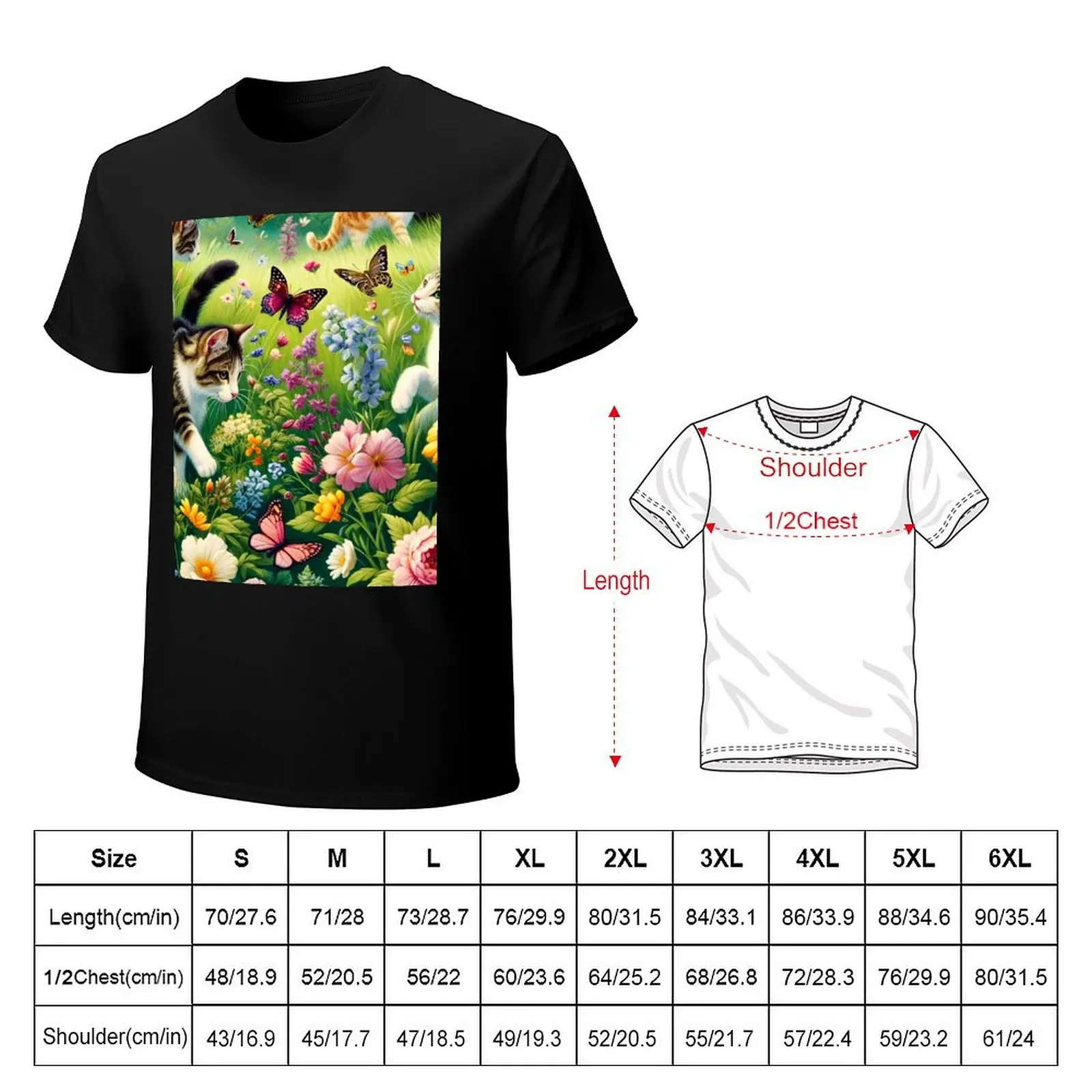 Enchanted Garden Cat Exploration - Whimsical Feline Floral Print T-Shirt Big and Tall Loose Fit T-Shirt