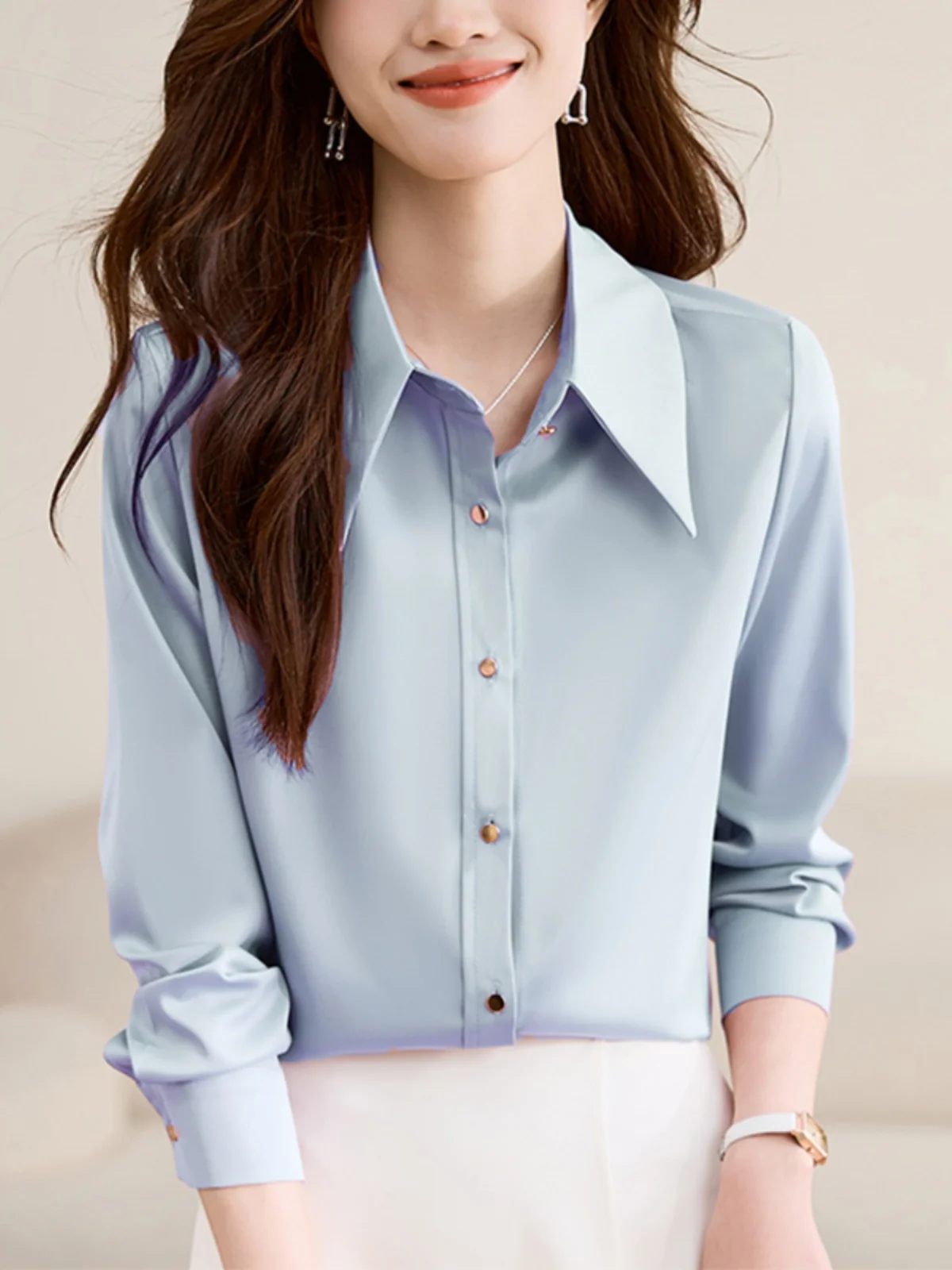 

Синяя шифоновая блузка женская, весна 2025, новая модель, с воротником-стойкой, длинный рукав, деловой формальный топ в корейском стиле