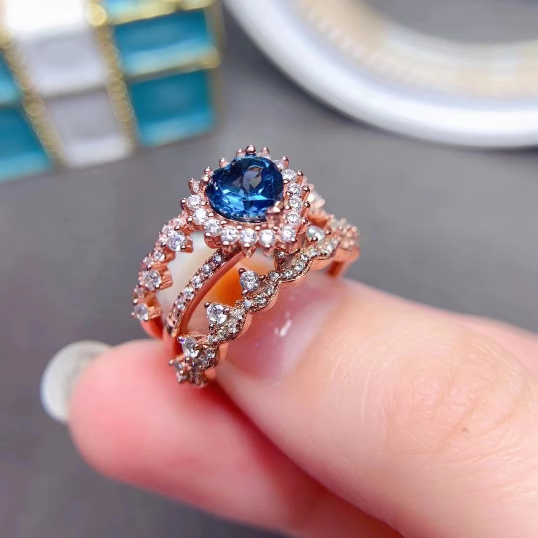 

Baroque Style Silver Heart Gemstone Ring 6mm VVS Grade Natural Topaz Ring 18K Gold Plating London Blue Topaz Jewelry