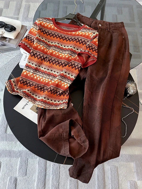 

High-End European Style Casual Sportswear Set Women's Summer Vitality Age-Defying Short Sleeve Knitted Ice Silk Wide Leg Pant...