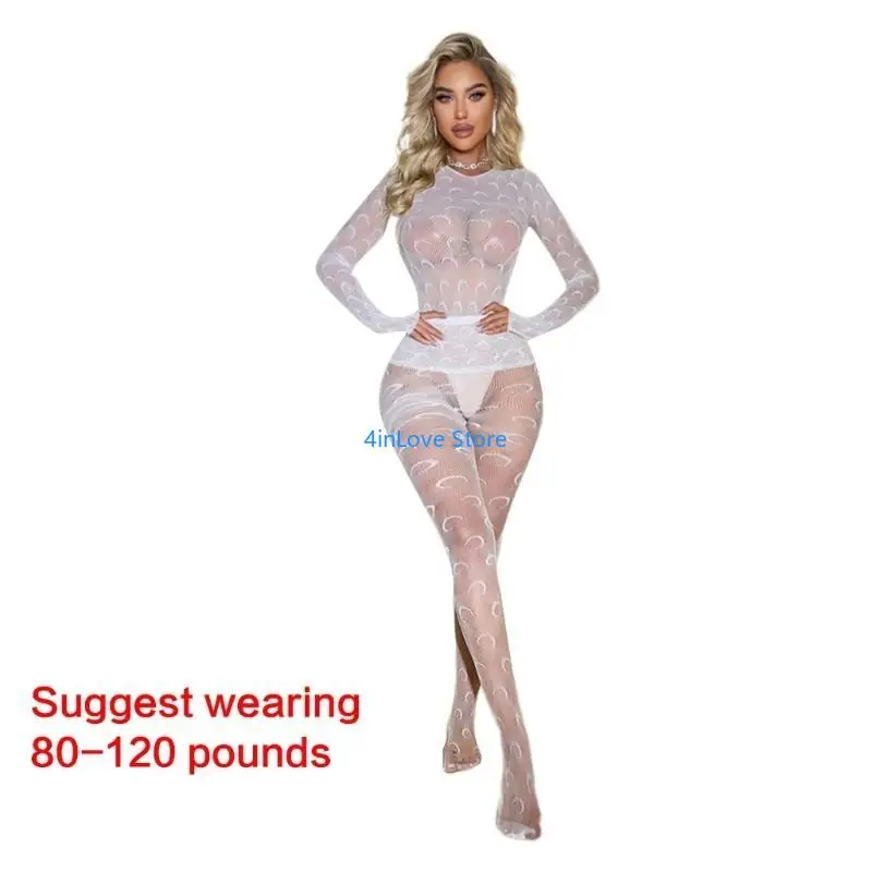T4MD See Through Mesh 란제리 여성용 긴 소매 문 무늬 Bodystocking Jumpsuit 친밀한 의상