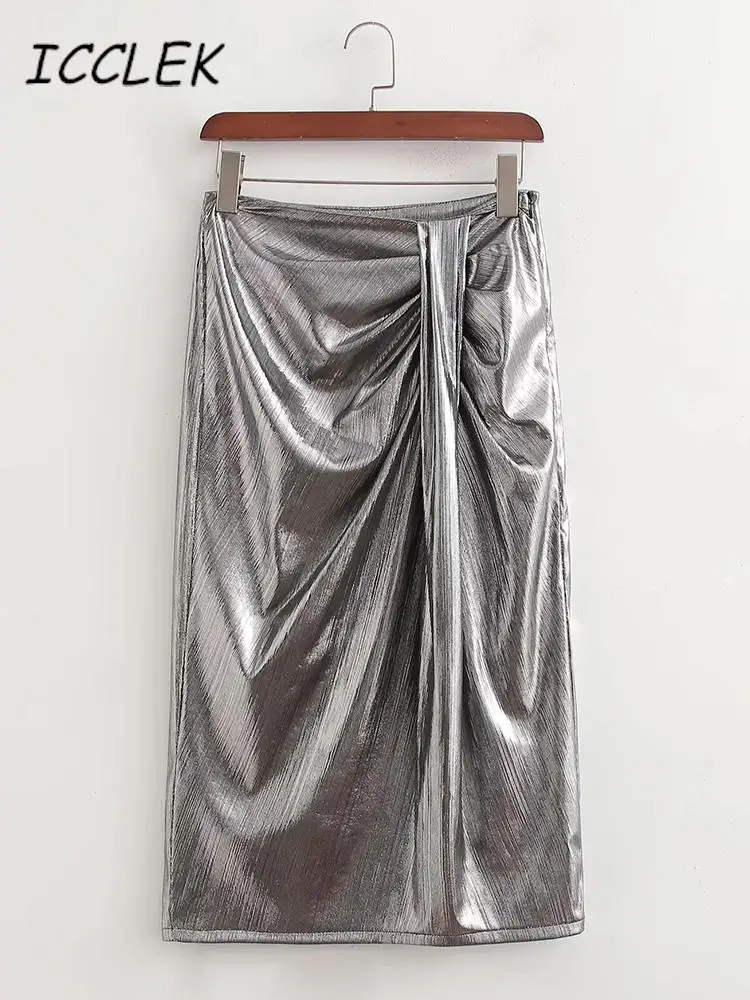 Icclek Silver Pleated Skirt 2023 new high waist Midi Skirt Metallic High Fashion A Line Midi Skirt Summer Silver Pleated Skirts