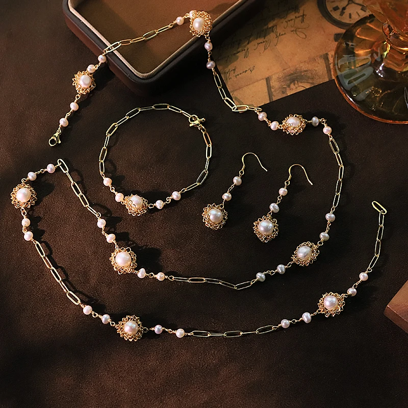 لؤلؤ المياه العذبة الطبيعية زهرة ثلاث قطع مجموعة تصميم فاخر أقراط قلادة سوار هدية مأدبة الزفاف GS0217 #4