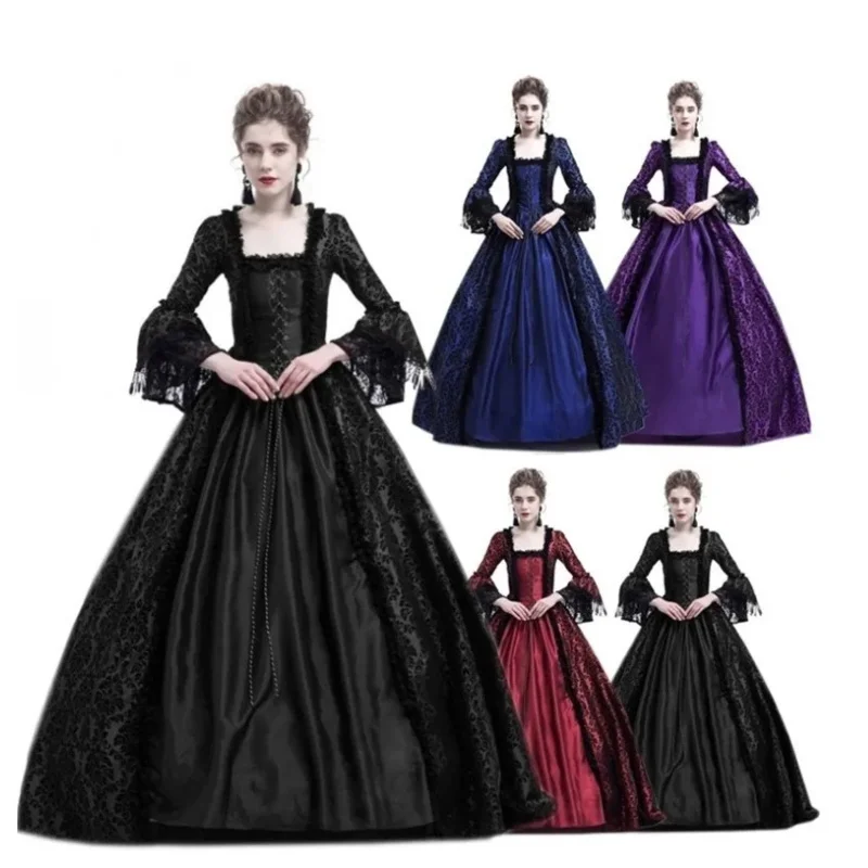 Women Retro Square Collar Victorian Nobleman Dress Vintage Lace Bandage Corset Dress Gothic Queen Palace Medieval Costume S-5XL