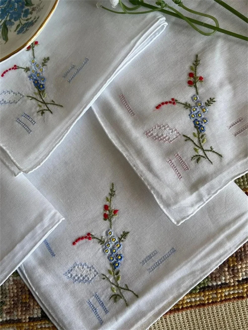 50PCS Vintage Antique Handmade Handkerchief Napkin 80’s Gift Flower Hanky Embroidered 6 Pieces