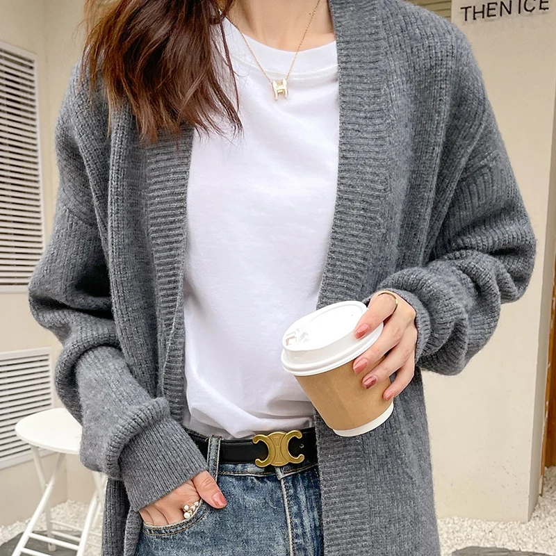 New cashmere cardigan in autumn and winter women\'sloose long sleeve sweater solid color knitted long thickened top