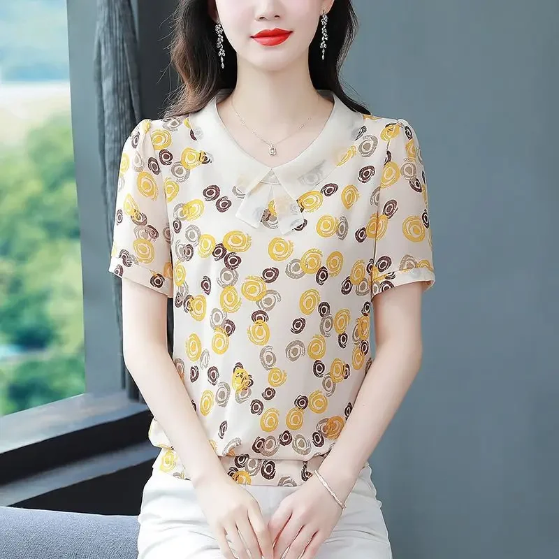 صيف جديد قميص شيفون كم قصير دمية الرقبة المرقعة الأزهار بلوزة المرأة فضفاضة المناسب الأم قاع بلوزة M-5XL