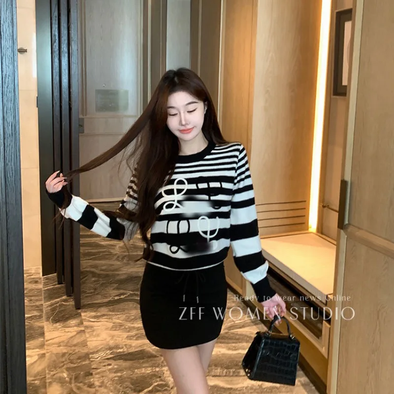 Sweet Stripe Embroidered Loose Sweater Autumn Winter Long Sleeve Soft Knitwear