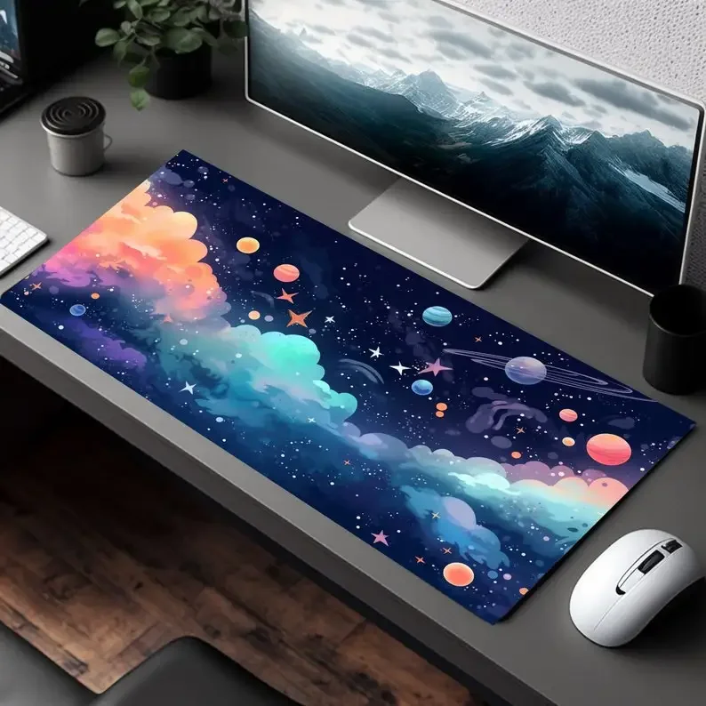 Cute Colorful Stars and Planets Mouse Pad Anime-Inspired Cosmos Desk Mat Xxl Mousepad Large Galaxy Gamer Computer Office Rug