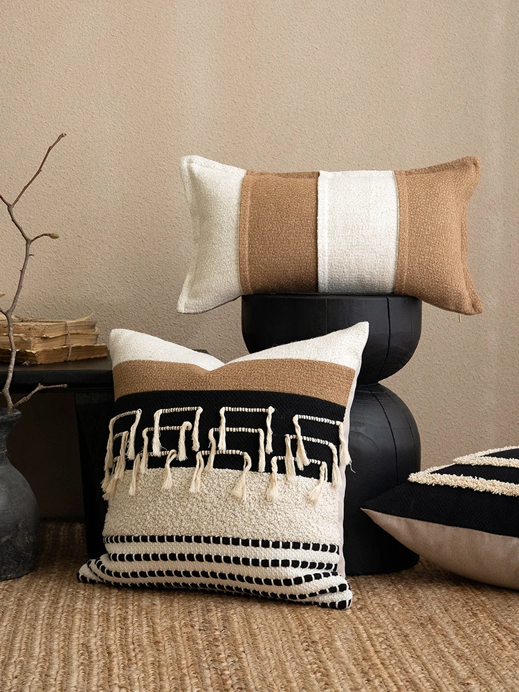 

Чехол для подушки ручной работы из хлопка и льна, черно-белый, для дивана, изголовья кровати в отеле, в стиле Ваби-Саби, универсальный, квадратный, из Гуандуна