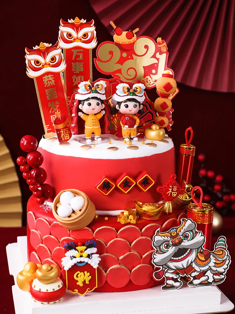 New Year\'s Baking Cake Topper Lion Dance Koi Boy Girl Doll Cake Decoration 2024 New Year Festive Red and Gold Happy Birthday