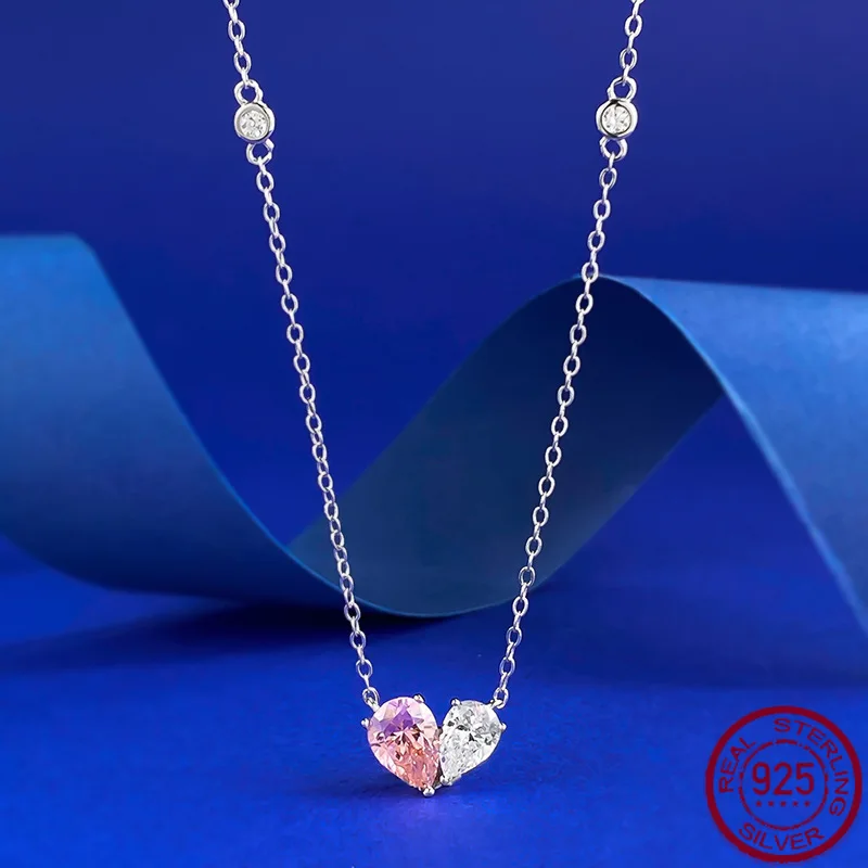 New S925 pure silver white diamond pink diamond 6 * 8 accompanying necklace ns simple and high-end wedding jewelry