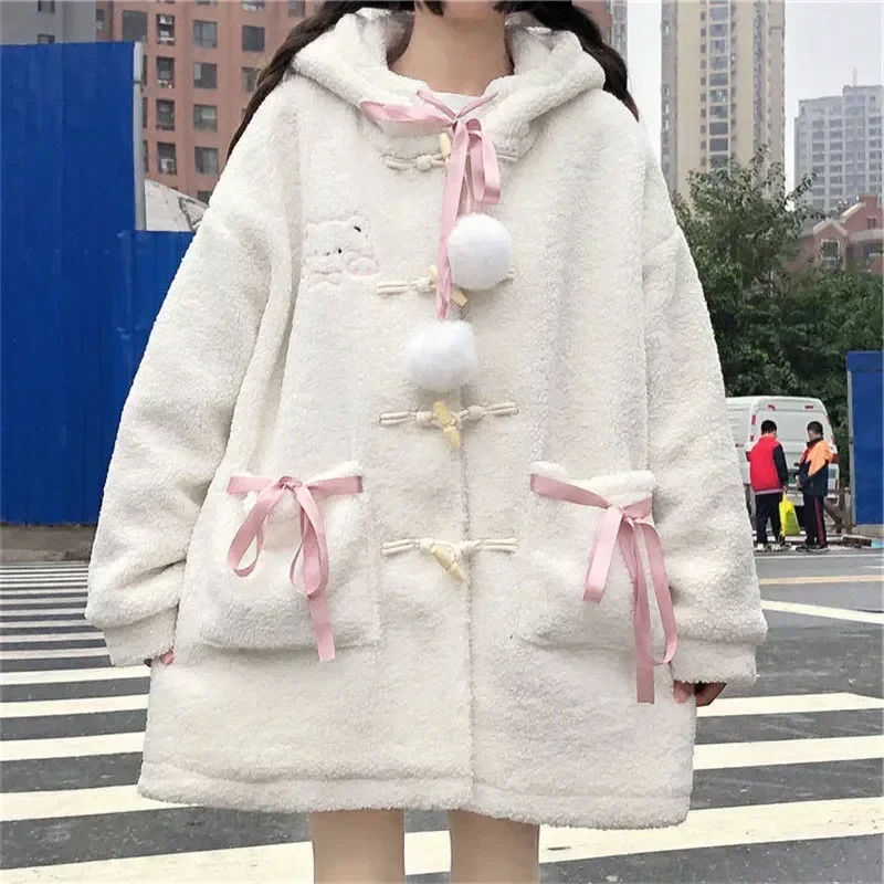 

Winter Kawaii Wool Coat Women Loose Japanese Sweet Lolita Outwear Jacket Female Korean Style Pockets Warm Hoodies Overcoat 2023