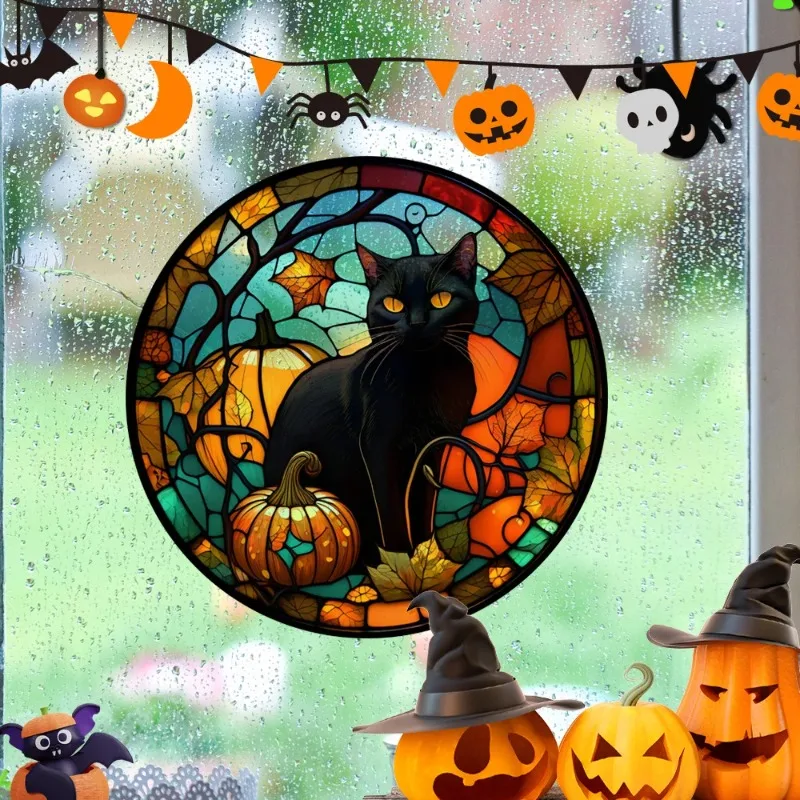 Halloween-PVC-Aufkleber aus statischem Glas, Schloss und Katze, abnehmbare, nicht klebende Fensteraufkleber für Party, Heimdekoration, Spukhaus-Requisiten