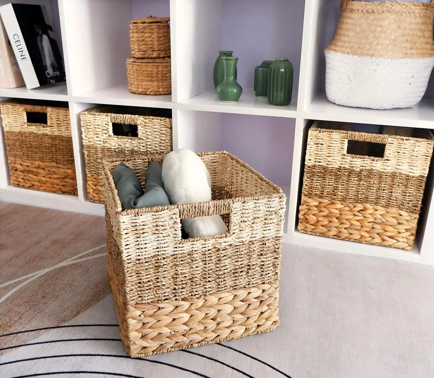 Wicker Storage Cubes 10.5 x 10.5 Set of 4 Heavy Duty Hyacinth Square Baskets for Shelf Storage Cube Bins 11x11 Cube Storage