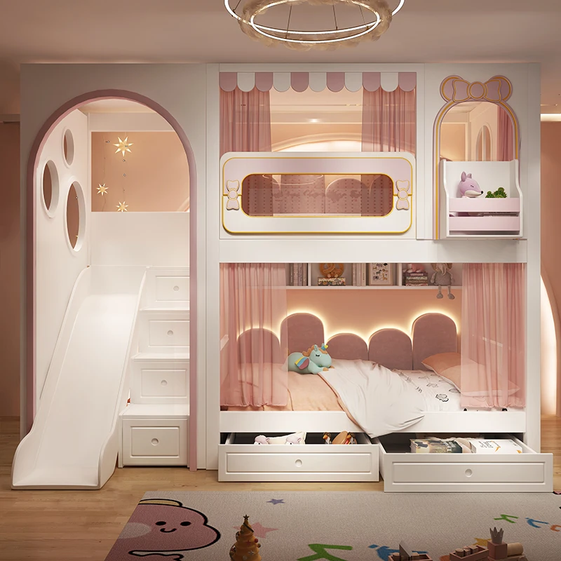 All solid wood double-layer climbing bed, dream castle, tree house with the same width up and down