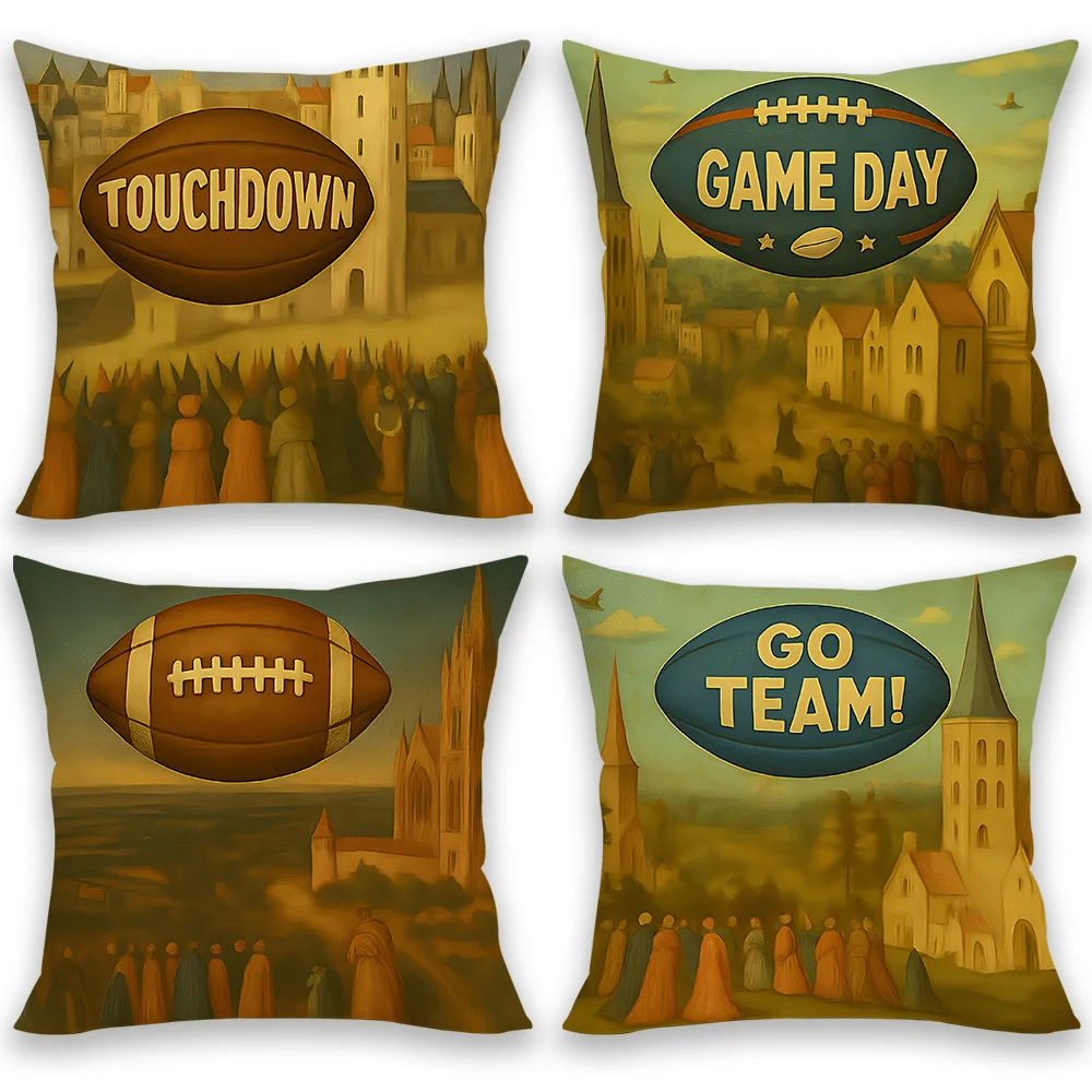 Retro oil painting of rugby football digital printing pillow cover Short plush Suitable rooms bedrooms sofas throw cushion cover