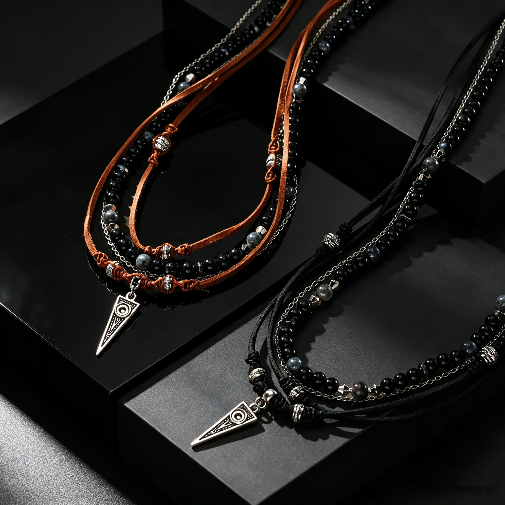 Punk Multi Layering Necklace for Men Black Agate Beaded Leather Chain Geometric Triangle Pendant Necklace Boho Stylish Jewelry