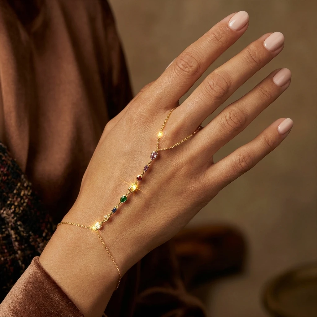 Minimalist Colorful Gemstone Finger Chain Bracelet for Women Adjustable Dainty Ring to Wrist Jewelry Cubic Zirconia Gold Tone
