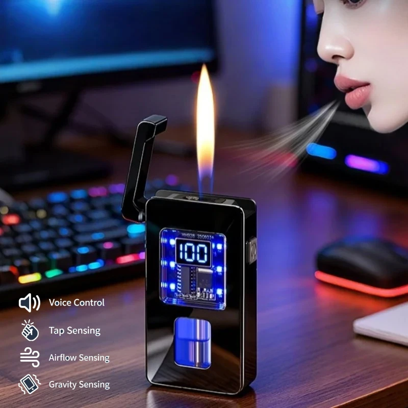 Smart Voice Control Dual Flame Lighter Refillable Windproof Jet Soft Flame Lighter Transparent Gas Tank Digital Display Lighter