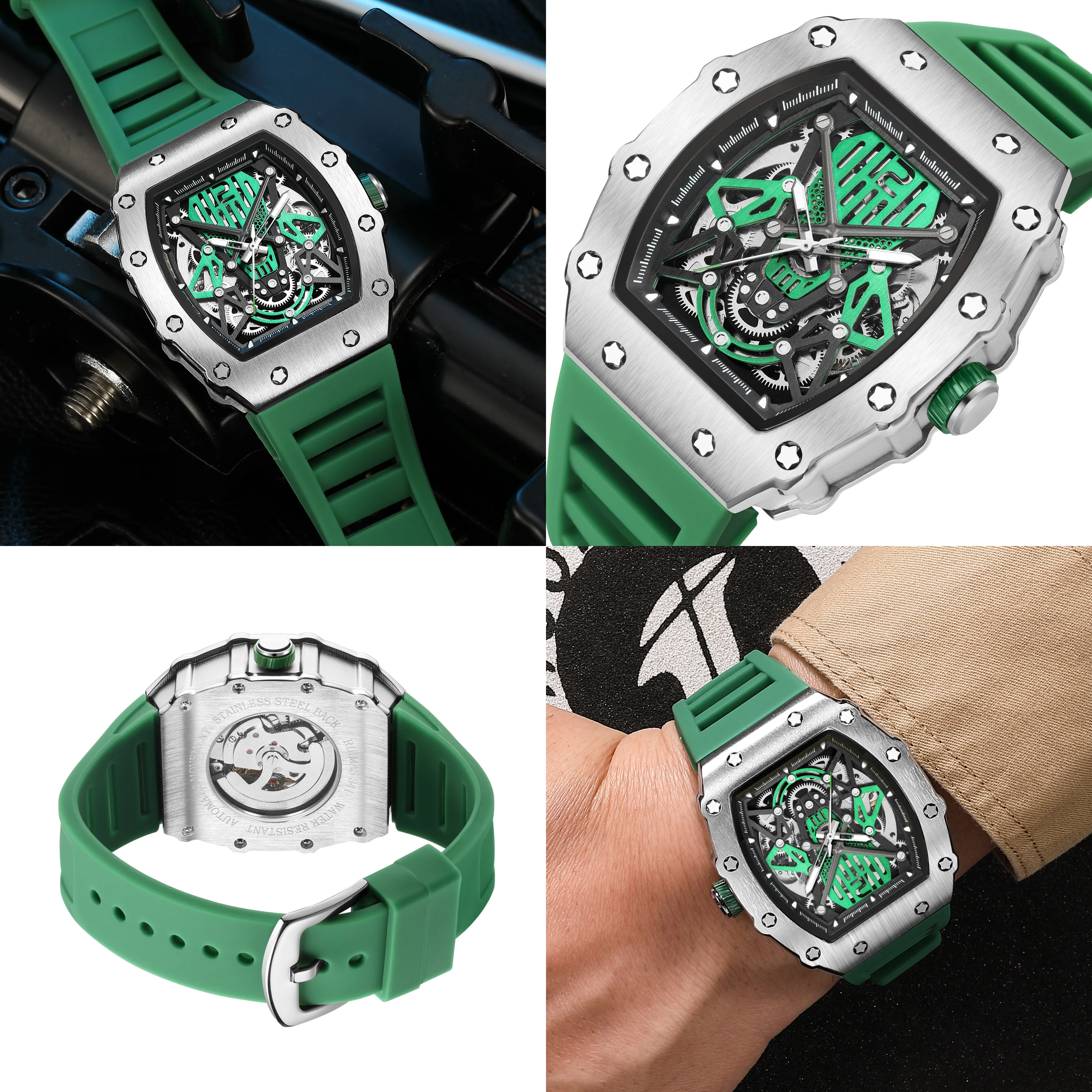 RUIMAS Luxury Watch Men Fashion Automatic Mechanical Watches Clock Silicone Strap Sport Casual Wristwatch Big Dial Reloj Hombre