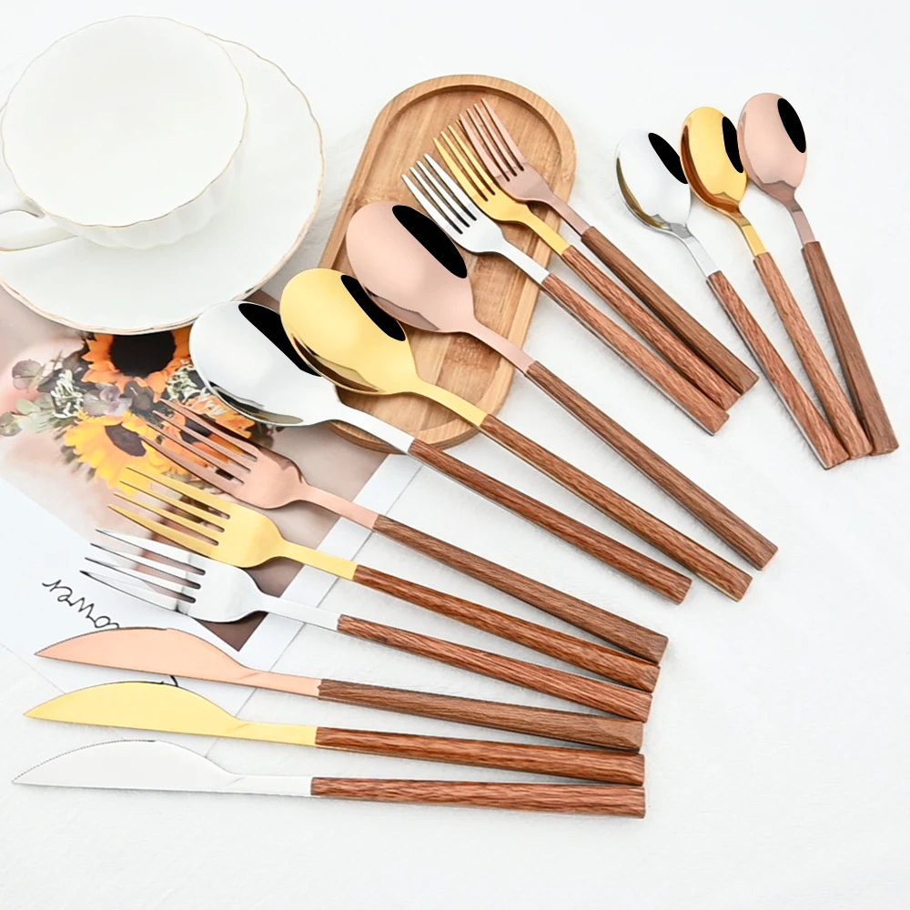 24/30Pcs White Silver Dinnerware Set Imitation Wooden Handle Cutlery Set Knife Fork Tea Spoon Tableware Stainless Steel Flatware