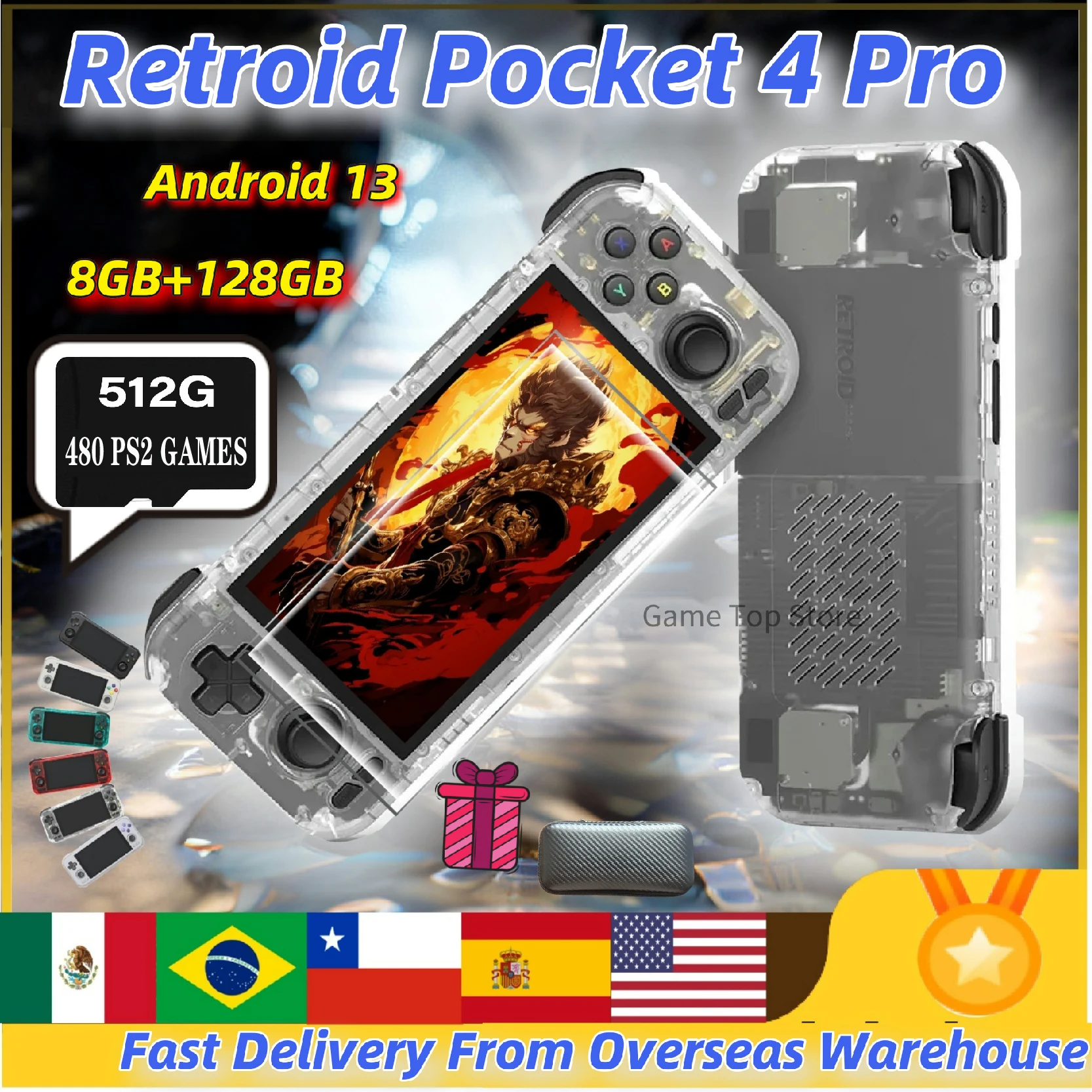 

Retroid Pocket 4 Pro Retro Handheld Game Video Player Console 4.7 Inch Screen 8G+128G Android 13 Bluetooth 512G PSP PS2 3DS Gift