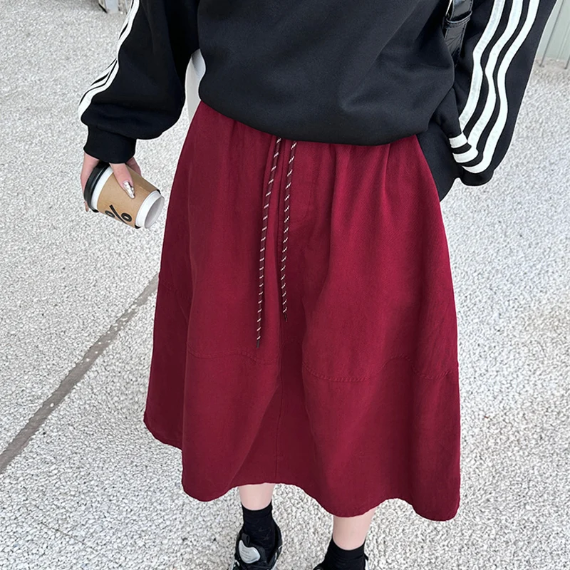 Japanese Harajuku Style Midi Skirts Women Solid Color Lace-Up Big Swing Mid-Length Skirt Streetwear Elastic Waist Skirt Ladies