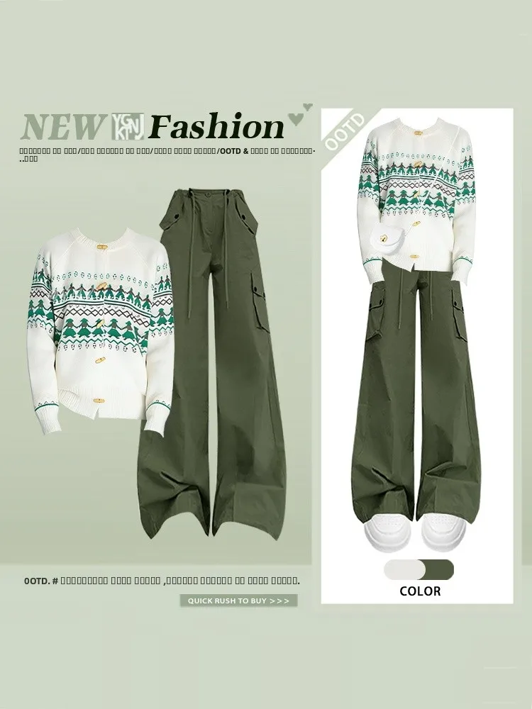 

Feilao Island Knitted round Ne Sweater And Wide Leg Pants Set Women's Autumn Winter Anti Aging Two Piece Set Faion Workwe...