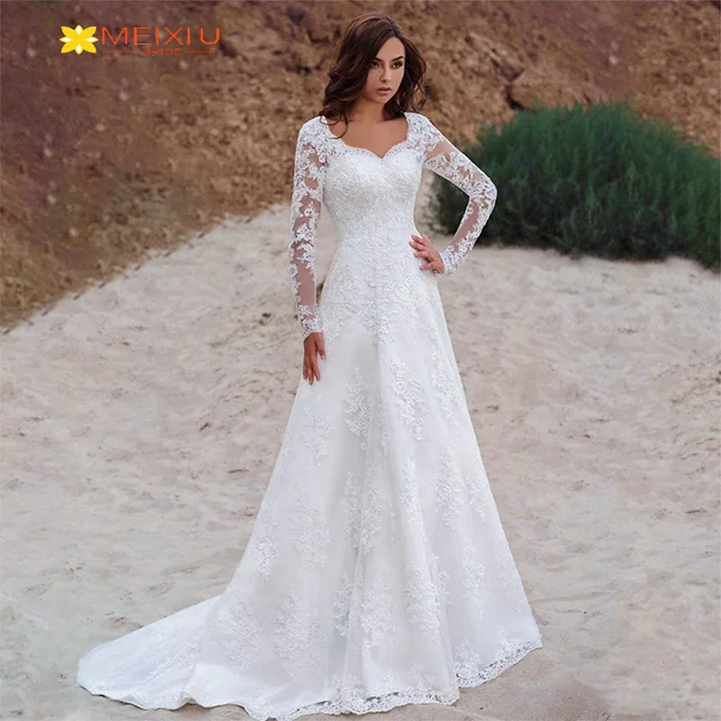 New Decal Long Sleeve Sweetheart Wedding Dress Custom Elegant Floral Design Large Train A-Line Photo Beautiful Bridal Gowns