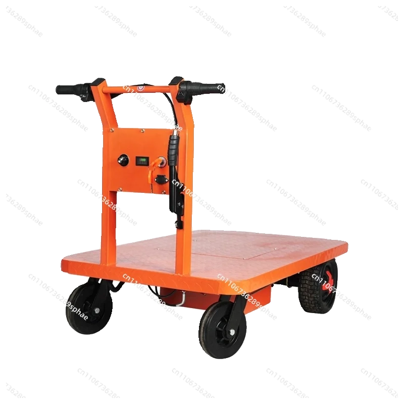 Electric flat trolley four-wheel handling warehouse logistics enters the elevator to pull the freight truck