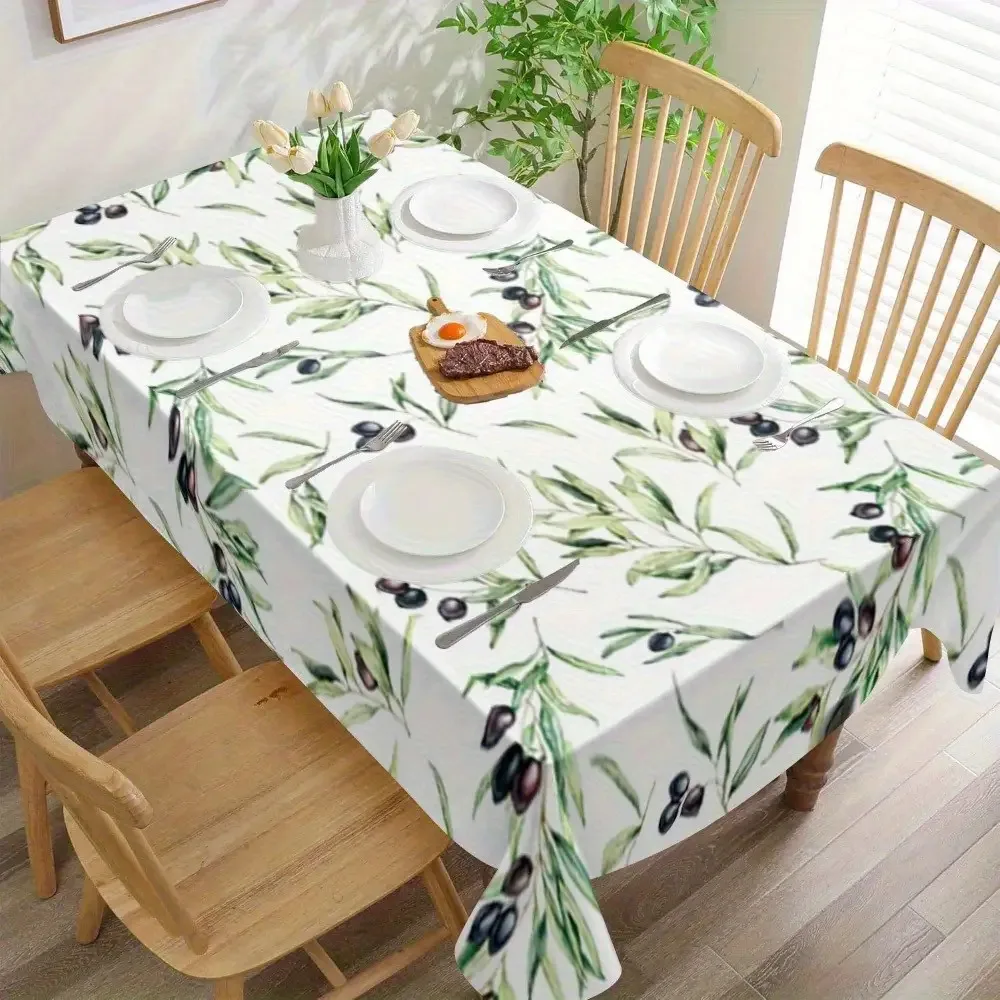 An Elegant Olive Branch Tablecloth - a Kitchen And Dining Room Decoration Featuring a Green Leaf Pattern, Suitable for Parties, Camping, And Home Use, with Charming Rustic Style And a Smooth Texture