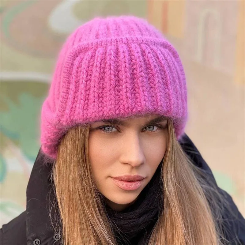 Winter Ladies Knitted Bombers Hat Women Leisure Style Solid Color Flanging Tie Up Ear Protection Windproof Warm Cap Bomber Hats