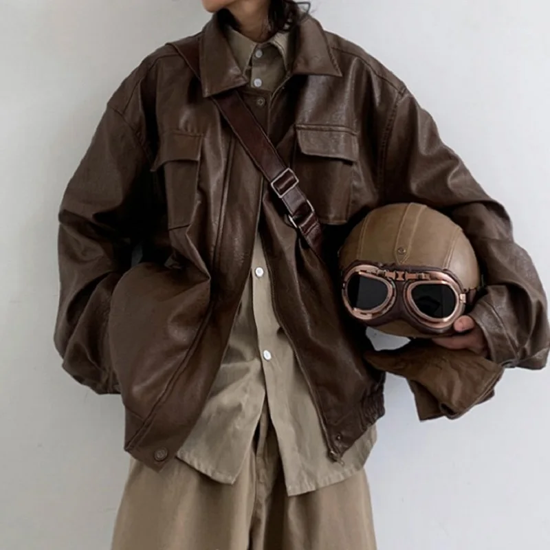 

Spring Autumn Japanese Retro Pu Motorcycle Leather Clothing Men Women Fashion Casual Maillard Neutral Brown Leather Jacket Coat