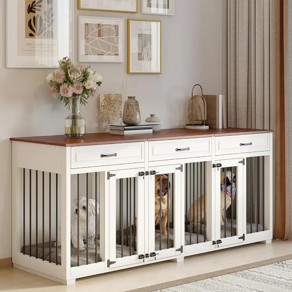 

Masterpiece Dog Crate Furniture - Indoor Wooden Dog Kennel With 2 Dividers, 3 Drawers, And 3 Lockable Doors, 72"x23.6"x31.5"H,