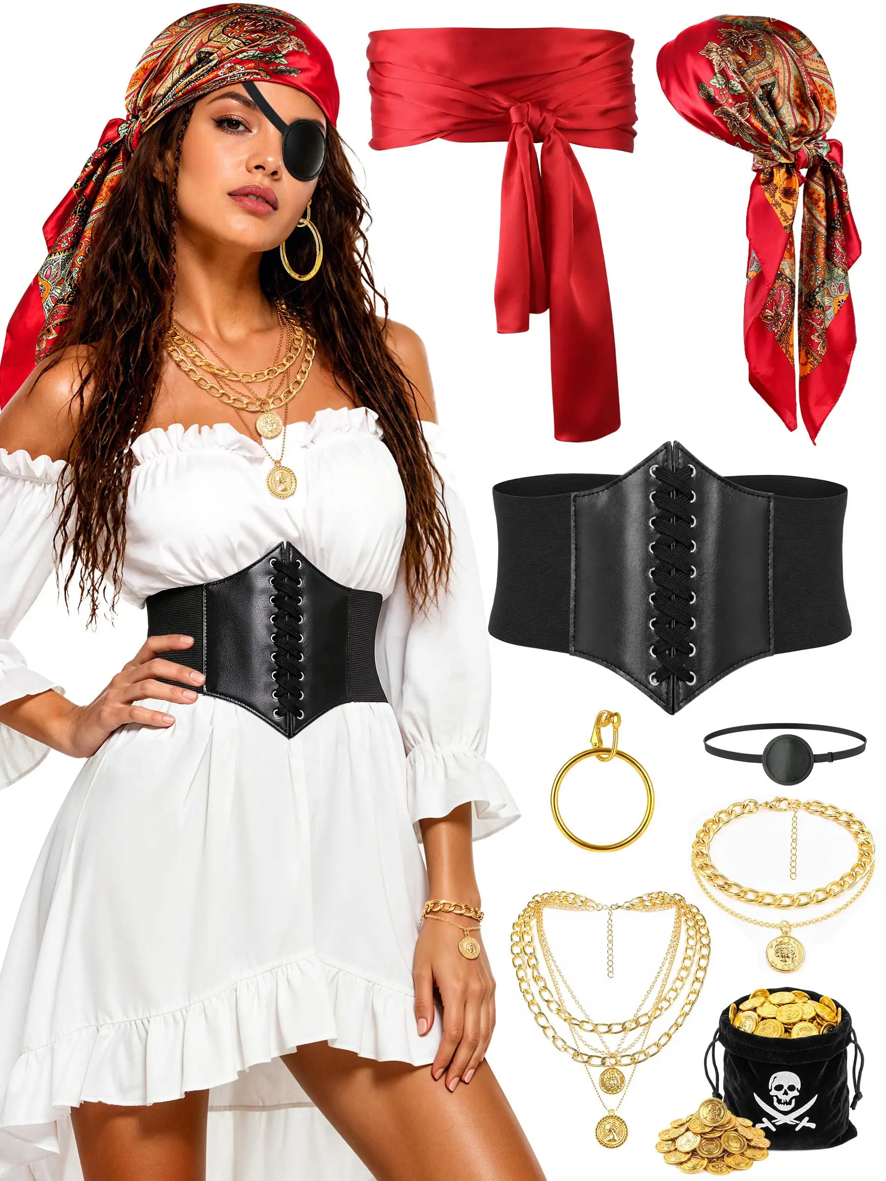 8PCS Pirate Costume Accessories for Women Halloween Pirate Costume Set Pirate Look with Adjustable Corset Belt, Head Scarf, Waist Sash, Necklace, Earrings Eye Patch, Coins Pouch for Pirate Party